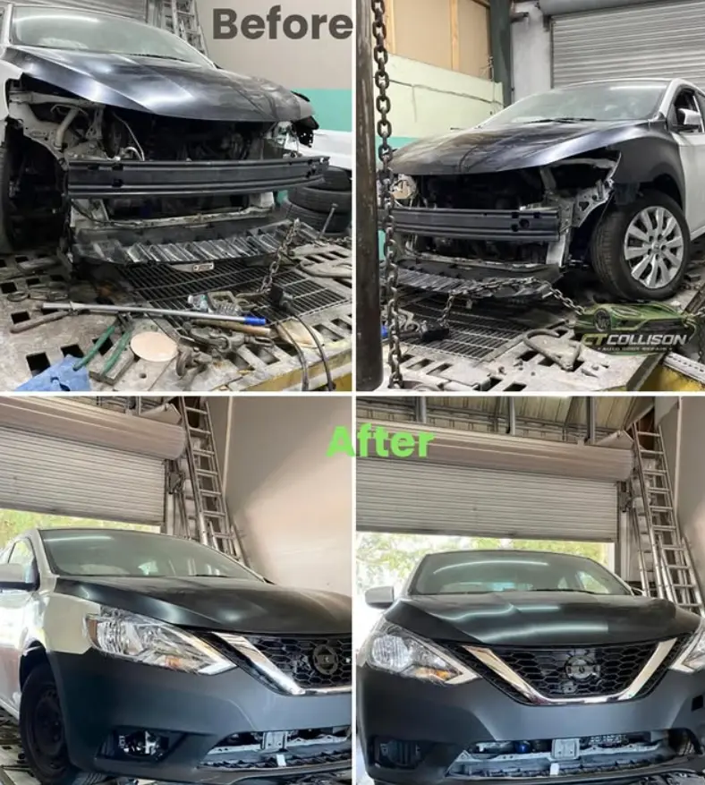 Nissan Sentra collision repair before and after comparison at CT Collision in Kissimmee, Florida