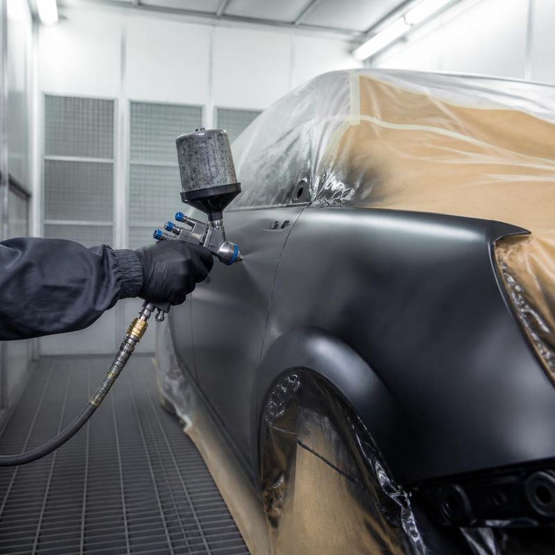 HVLP automotive paint spray gun applying glossy black paint to a car fender inside a downdraft paint booth in an auto body repair garage
