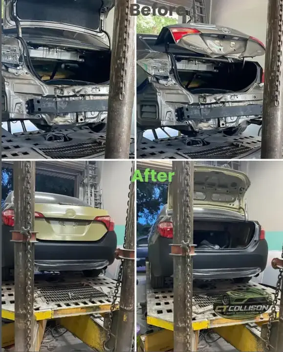Toyota Corolla rear collision repair before and after comparison at CT Collision in Kissimmee, Florida