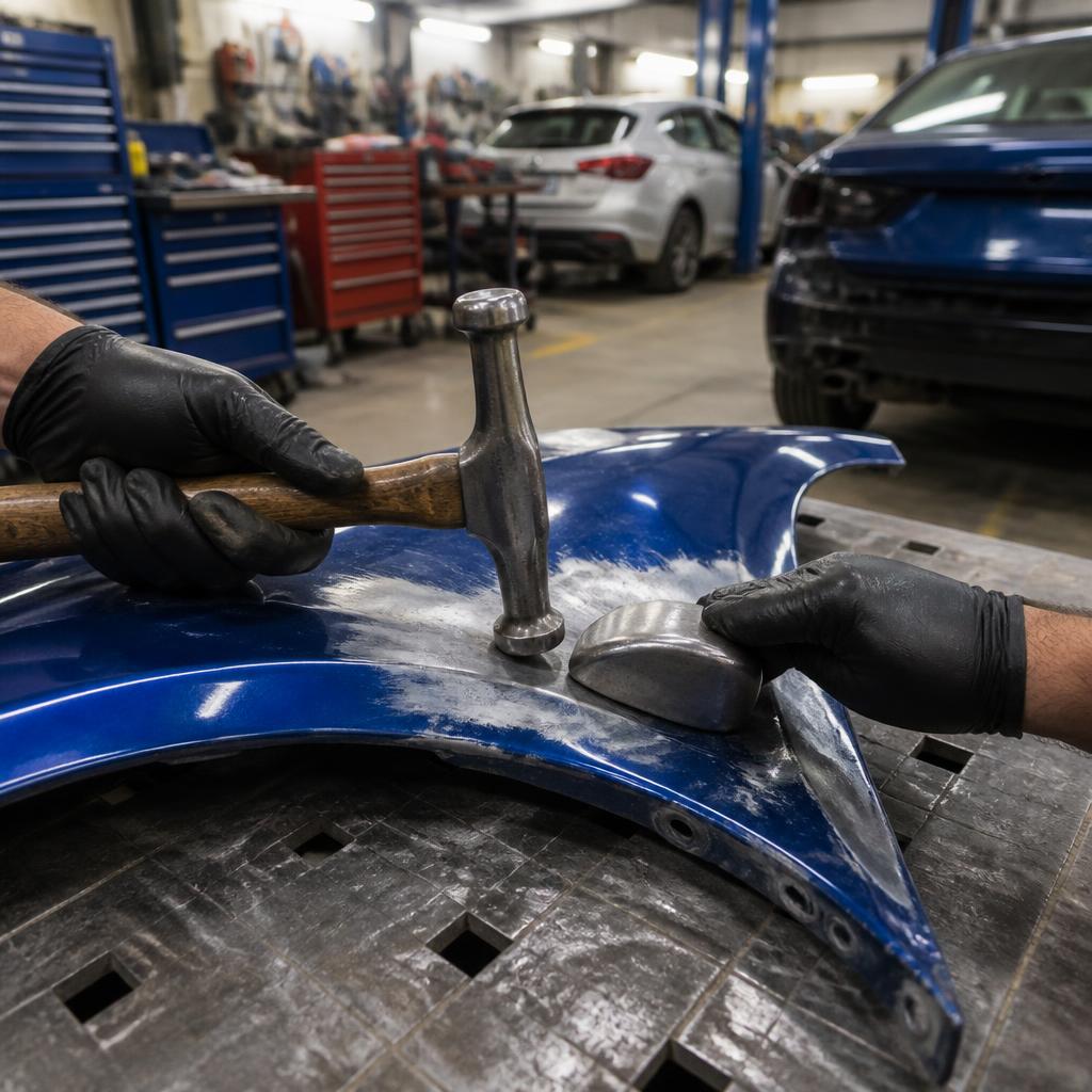 Body hammer and dolly straightening a damaged blue car fender panel on a workbench inside a professional auto body repair garage