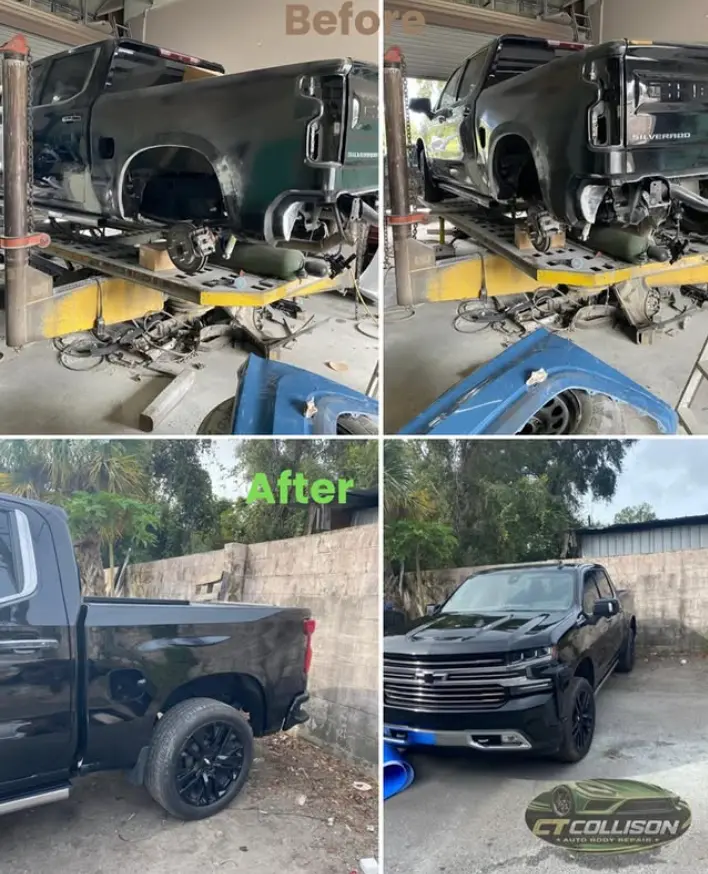 Chevrolet Silverado truck body repair before and after at CT Collision in Kissimmee, Florida