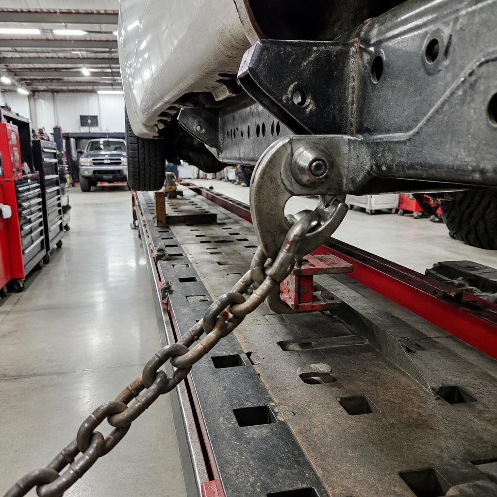 Frame straightening chain and hook attached to the underside frame rail of a truck on a frame rack machine inside a professional auto body repair garage