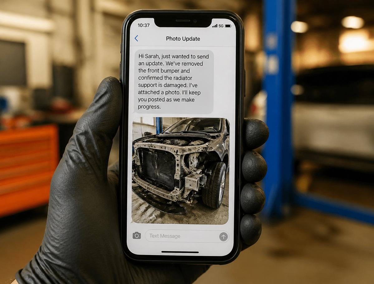 Gloved technician's hand showing a customer a mid-repair photo update on a smartphone inside the CT Collision shop