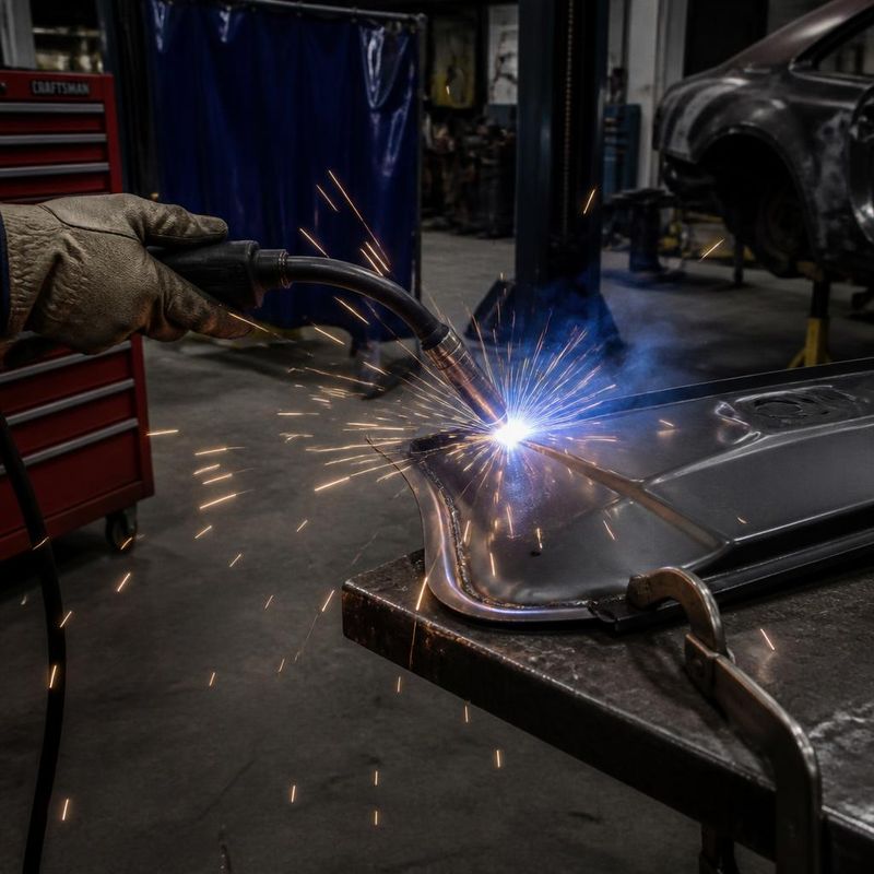 MIG welding torch producing bright sparks while welding a steel car panel on a workbench inside a professional auto body repair garage