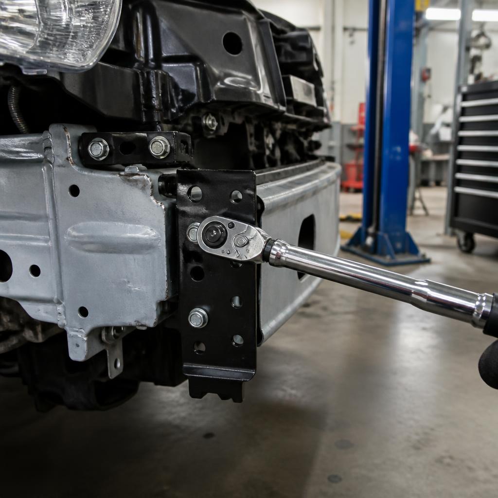 Chrome torque wrench tightening a bolt on a front bumper reinforcement bracket of a vehicle on a lift inside an auto body repair garage