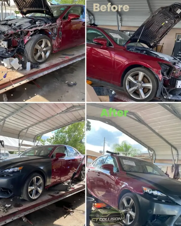 Lexus side collision repair before and after showing restored structural panel alignment in Kissimmee, Florida