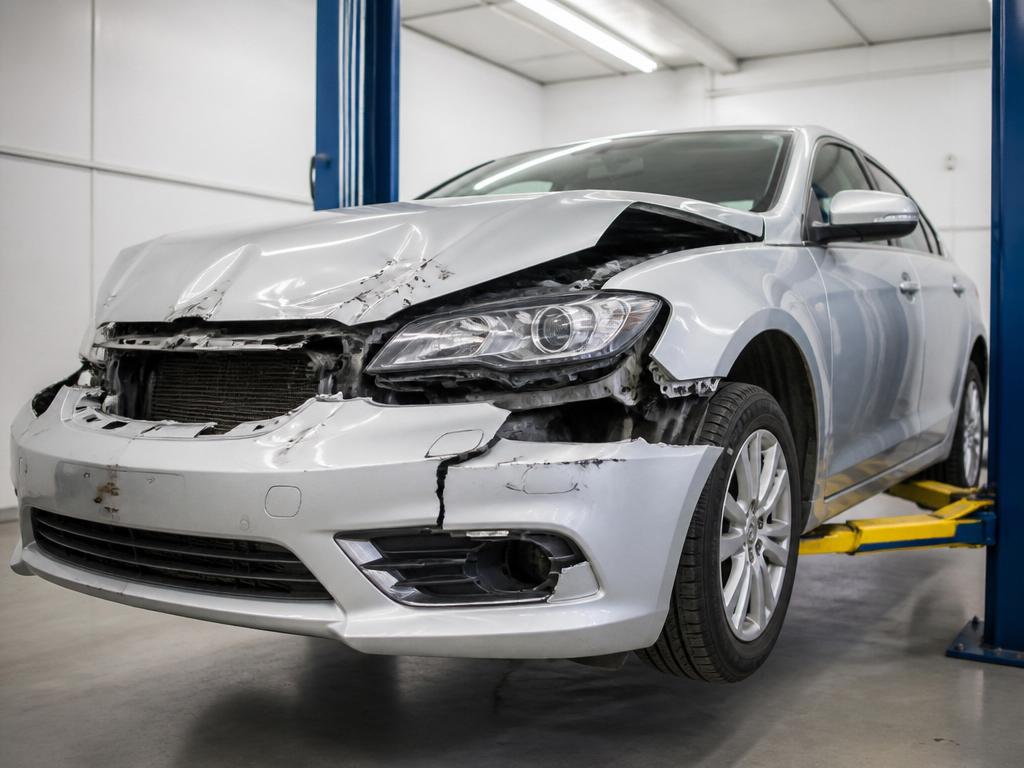 Silver sedan with front-end collision damage on a hydraulic lift inside a clean professional auto body repair garage in Kissimmee FL