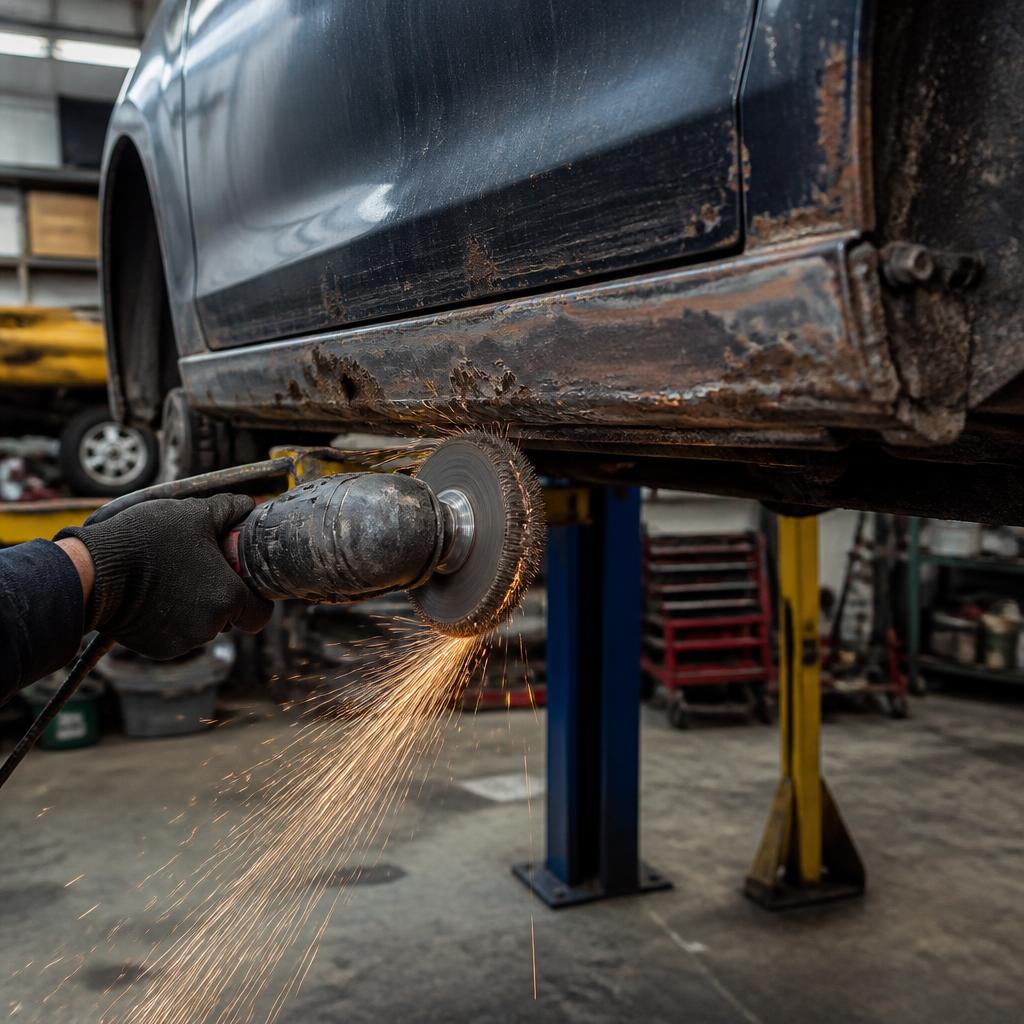 Angle grinder with wire wheel brush stripping rust from a corroded car rocker panel of a vehicle on a lift inside an auto body repair garage