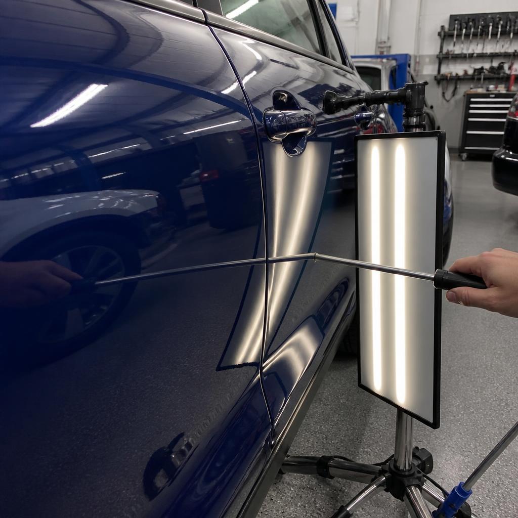 Paintless dent repair PDR steel rod pushing out a shallow dent from behind a glossy dark blue car door inside a professional PDR bay in an auto body garage
