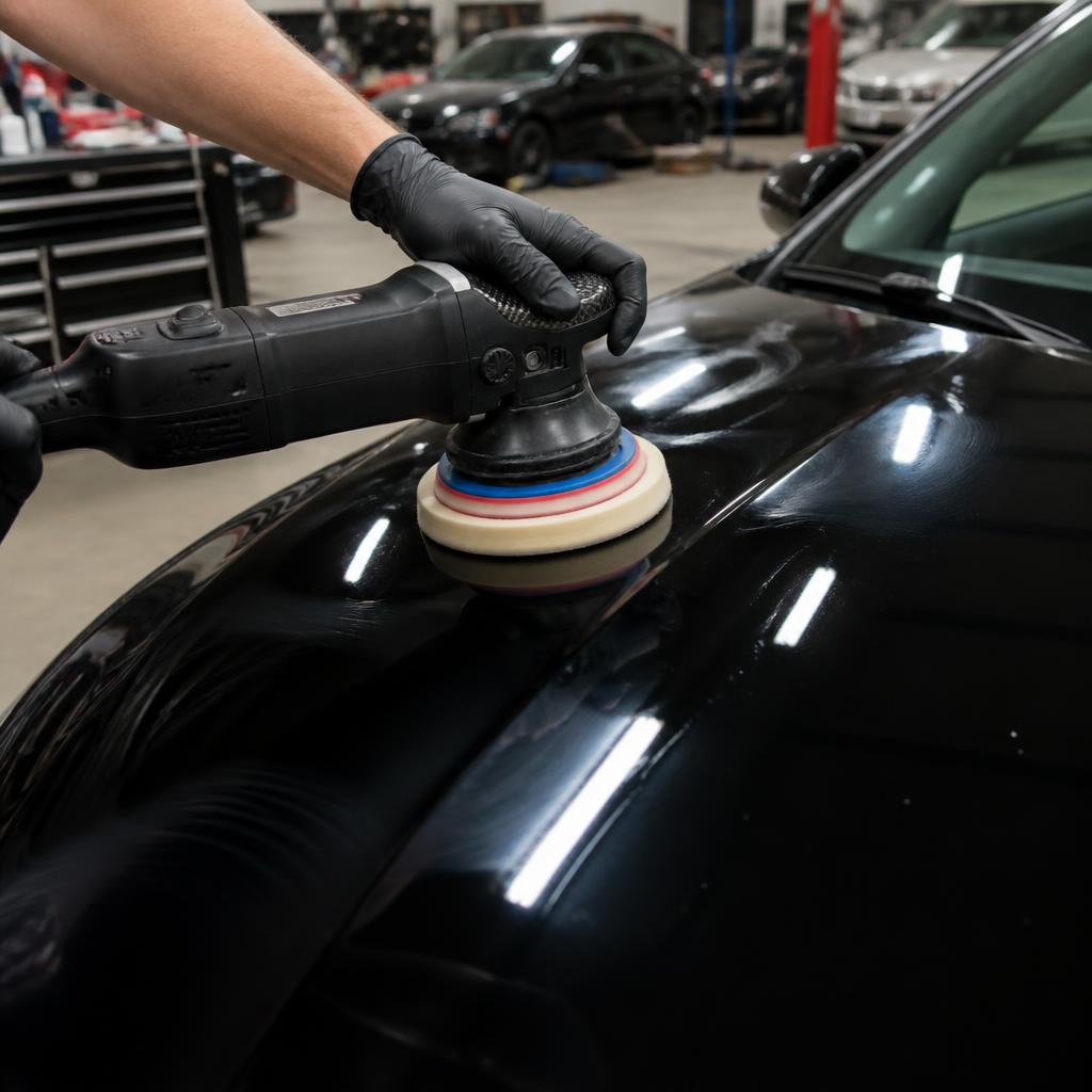 Dual-action orbital polisher with foam pad buffing a mirror-gloss black car hood inside a professional auto body detailing garage